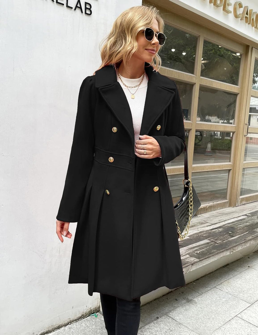 GRACE KARIN Damen Mantel Wintercoat Revers Zweireihiger Mantel Knielang Trenchcoat Winter Lang A-Lin