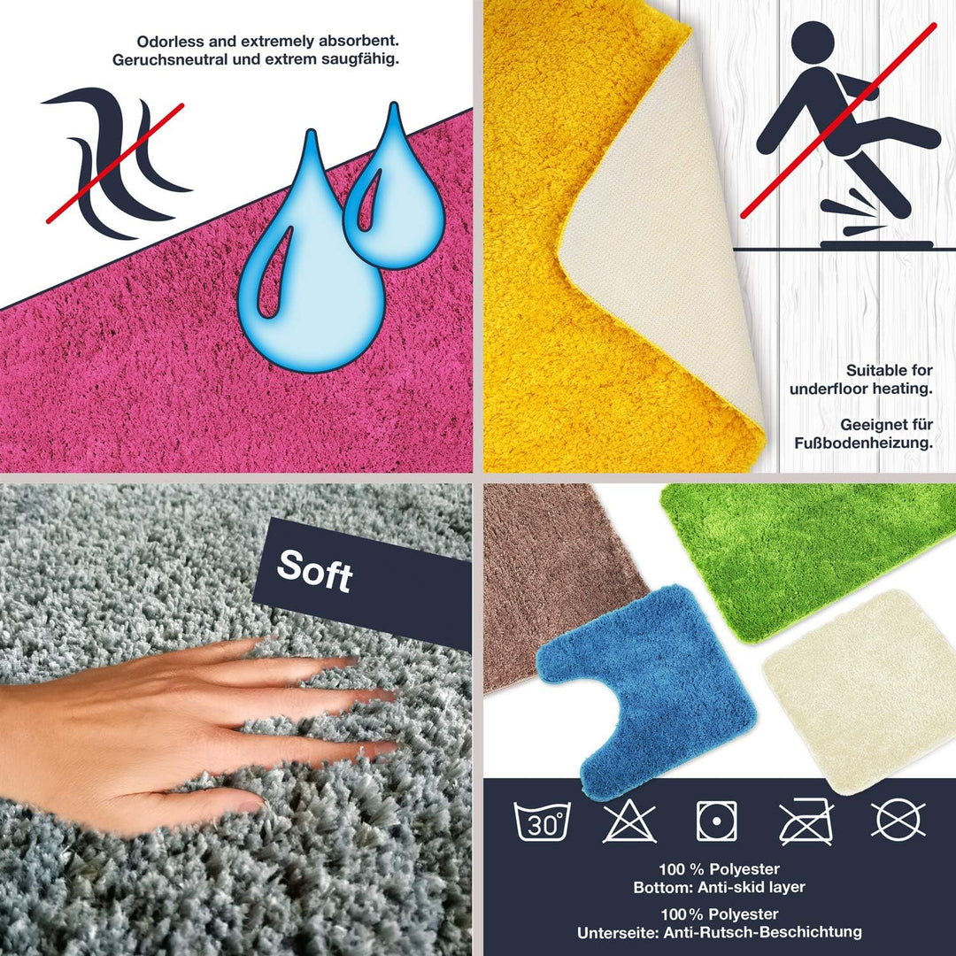 WohnDirect Badematten Set - WC Vorleger (45x45cm), Badematte (50x80cm) - rutschfest waschbar Badezim