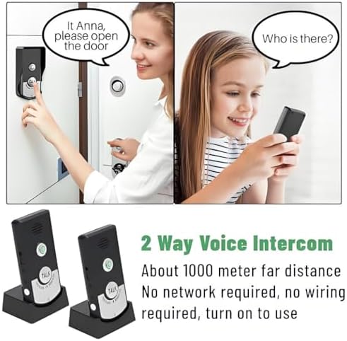 Drahtlose Intercom-Türklingeln, 1000 M Entfernung, Wiederaufladbar, 2-Wege-Sprach-Intercom-Türklinge