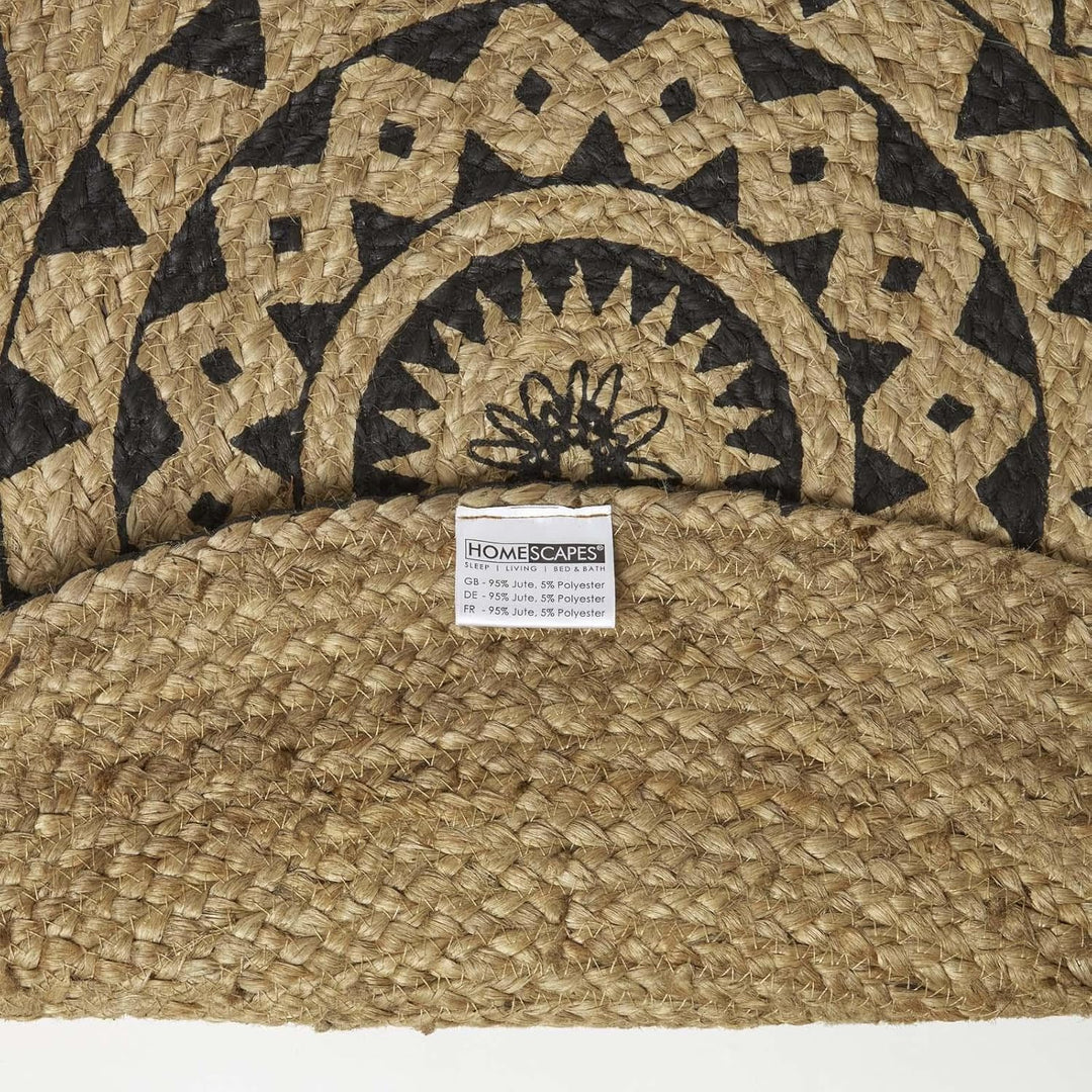 Homescapes Mandala Jute-Teppich Rund 70 cm, Schwarz-Natur, Geflochten, Geometrisch Gemustert 70 cm R