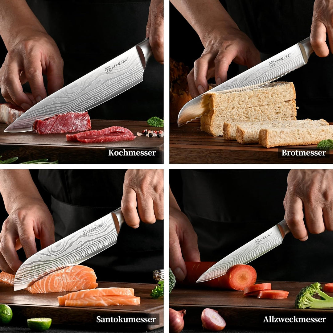 KEEMAKE Küchenmesser Set 5 teilig, Messerset aus Edelstahl mit Profi Brotmesser Kochmesser Santoku M