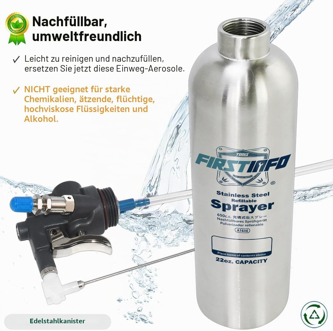 FIRSTINFO A1636 Patentierte Nachfüllbare Bremsenreiniger Sprühflasche, 650 ml Edelstahl Drucksprühge