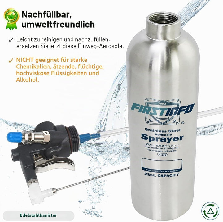 FIRSTINFO A1636 Patentierte Nachfüllbare Bremsenreiniger Sprühflasche, 650 ml Edelstahl Drucksprühge