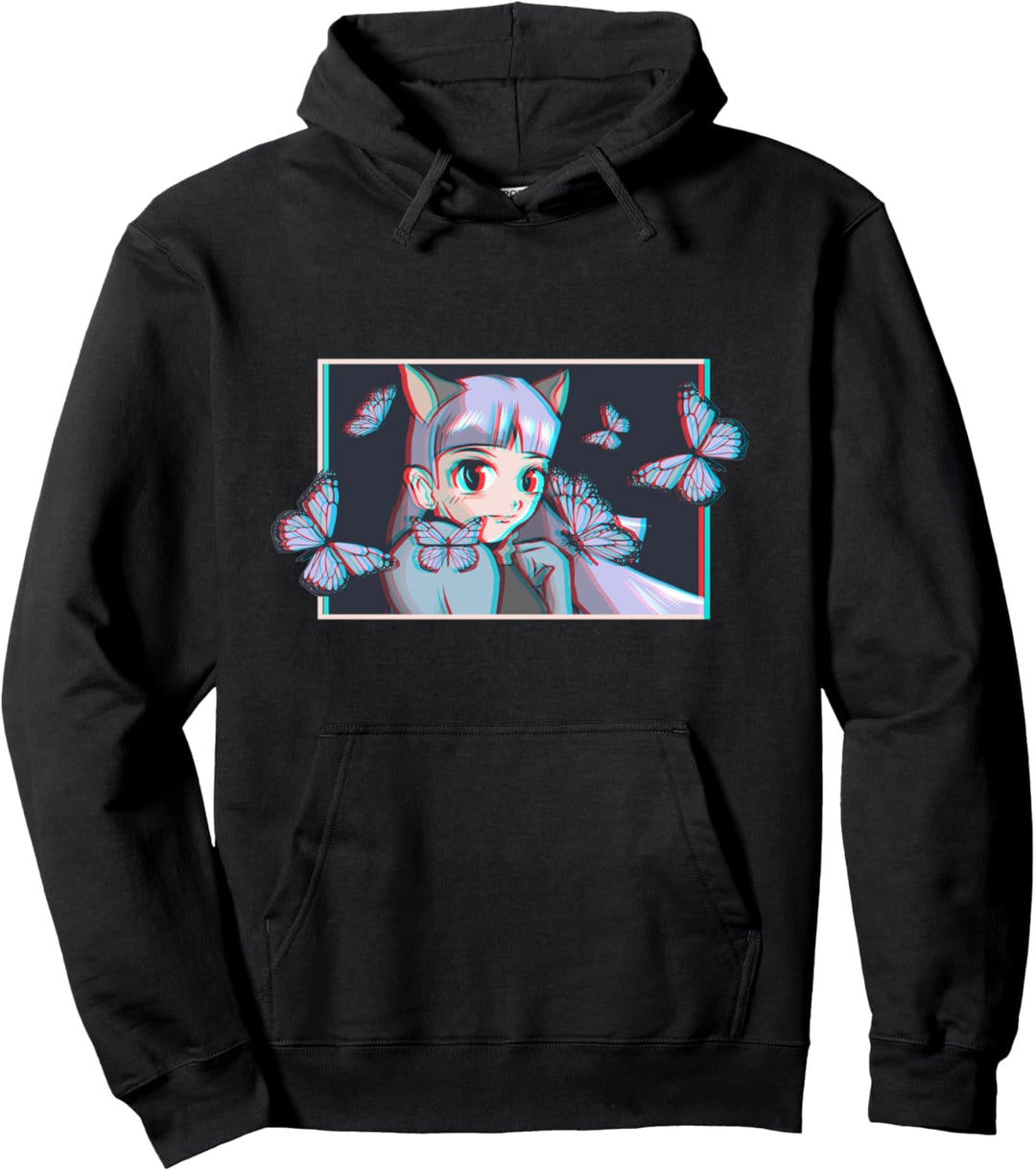 Vaporwave Anime Neko Girl - Waifu Aesthetic Butterfly Pullover Hoodie