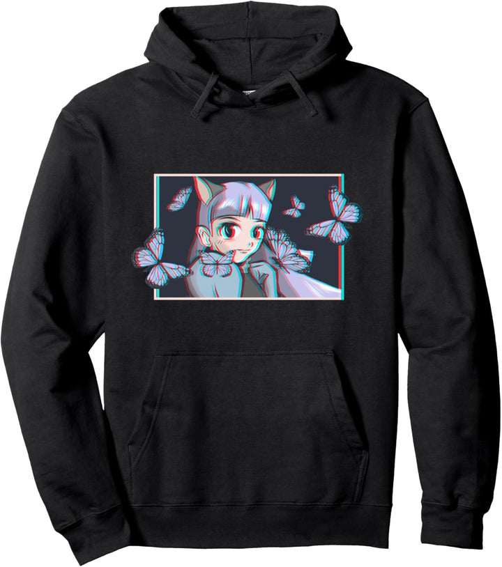 Vaporwave Anime Neko Girl - Waifu Aesthetic Butterfly Pullover Hoodie