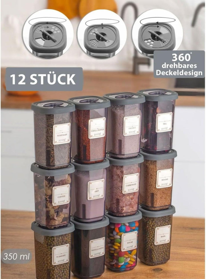 Gewürzbehälter Set 12x350ml Extra Gross - Anthrazit Gewürzdosen mit 360° Drehdeckel, BPA-frei Gewürz