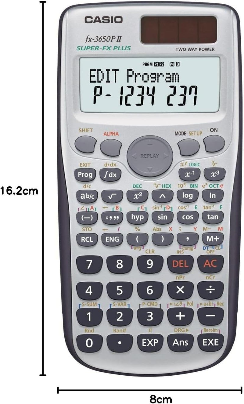 Casio FX-3650P II programmierbarer Rechner mit 279 Funktionen, 2-Zeilen-Display, Batterie/Solarzelle