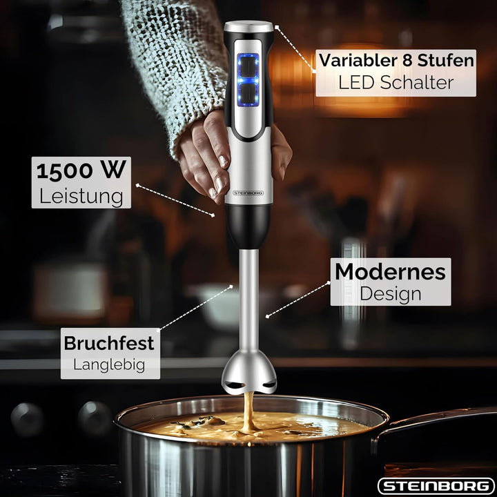 Steinborg® Stabmixer Set 1.500 Watt Edelstahl Pürierstab Schneebesen Zerkleinerer - 500 ml Mixbehält