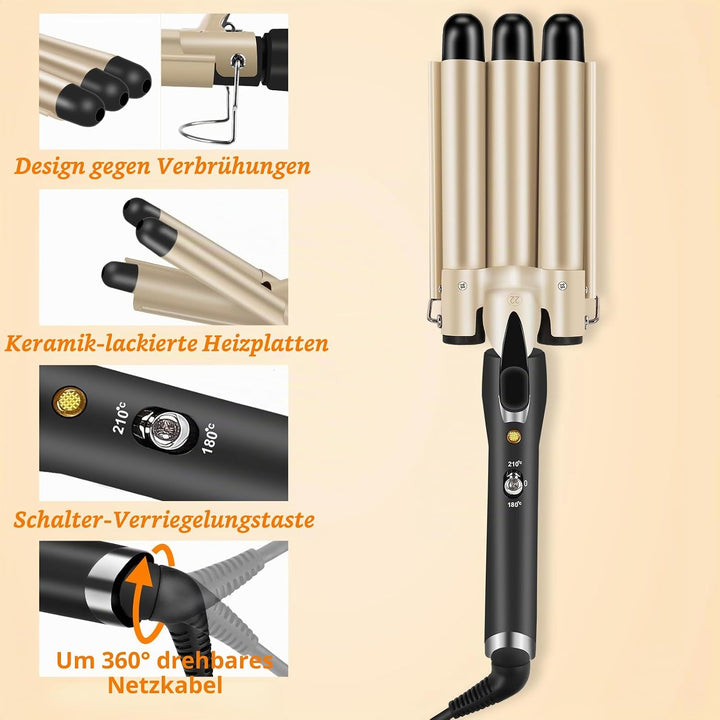 Lockenstab 3 Fässer LAYADO Welleneisen für Haare, Welleneisen 22mm, Beach Waves Lockenstab Einstellb