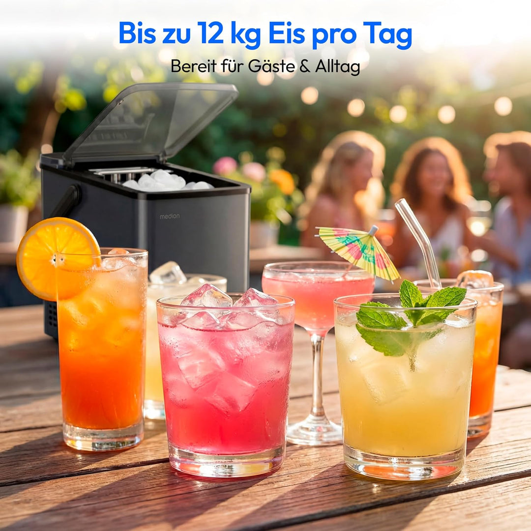 MEDION Eiswürfelmaschine, selbstreinigend, 12 kg Eis/Tag Eiswürfelbereiter, 2 Eiswürfelgrössen S &amp; L