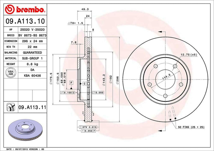 Brembo 09.A113.11 Vordere Bremsscheibe mit UV Lackierung, Anzahl 2