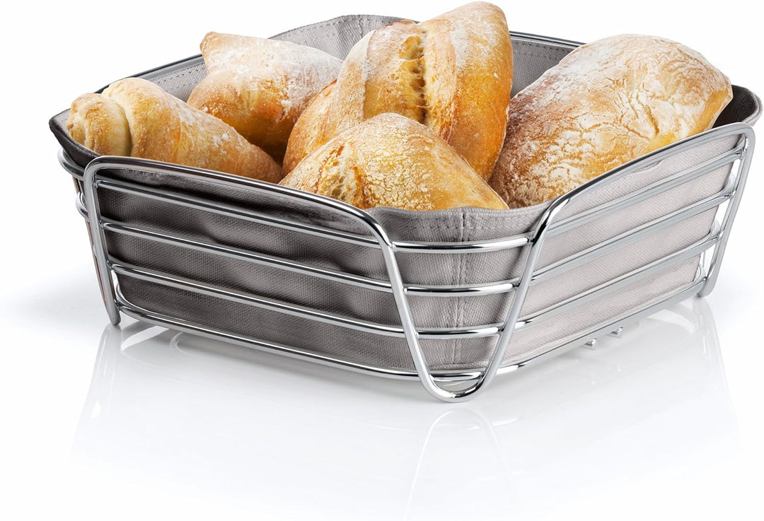 blomus -DELARA- Brotkorb L aus verchromtem Stahl, Taupe, Baumwoll-Stofftasche, trendiges und moderne