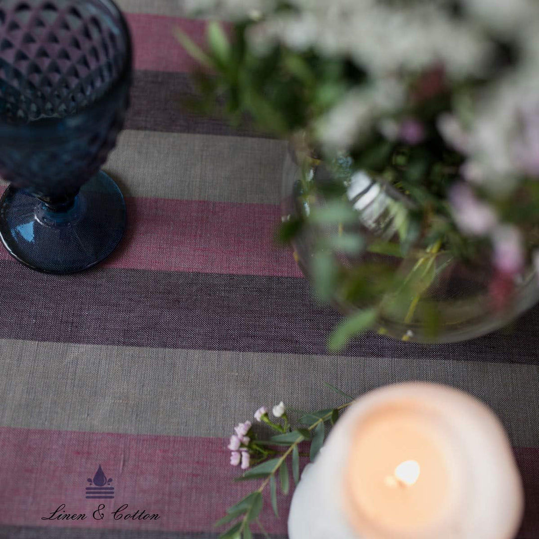 Linen & Cotton Tischdecke Wachstuch Gartentischdecke Silva - 100% Leinen, Lila Rosa Grau (147 x 350