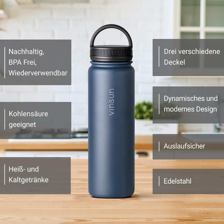 Vinsun Trinkflasche Edelstahl 500ml - auslaufsicher, Kohlensäure geeignet, BPA frei - 3 Deckel - The