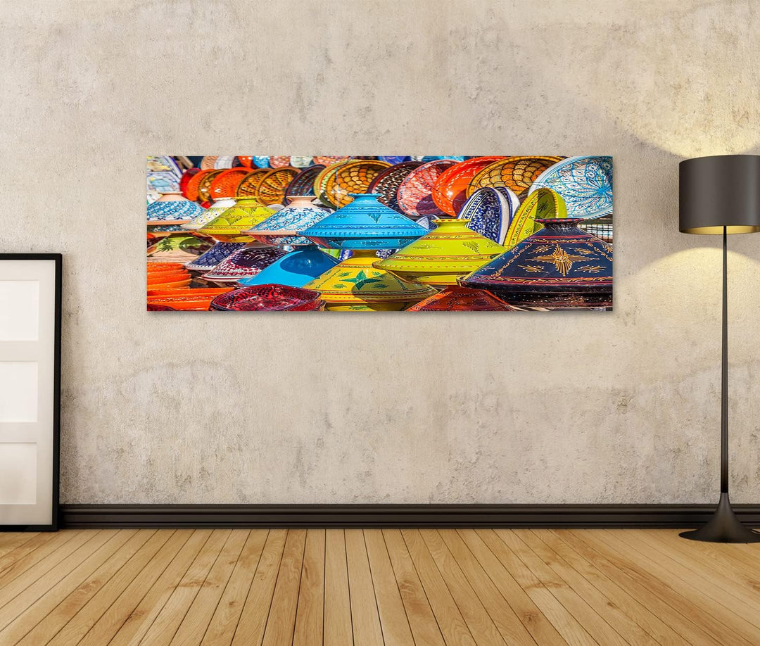 bilderfelix® Tajines auf dem Markt, Marrakesch, Marokko Wandbild Leinwandbild Poster DKI 120x40 Pano