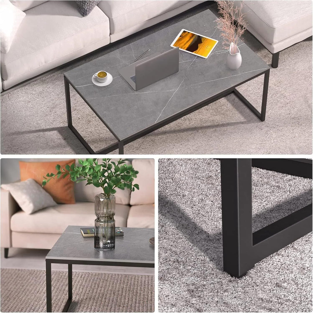 FATIVO Couchtisch Modern Grau Metallgestell: Marmor Quadratisch Skandinavisch Kaffeetisch Wohnzimmer
