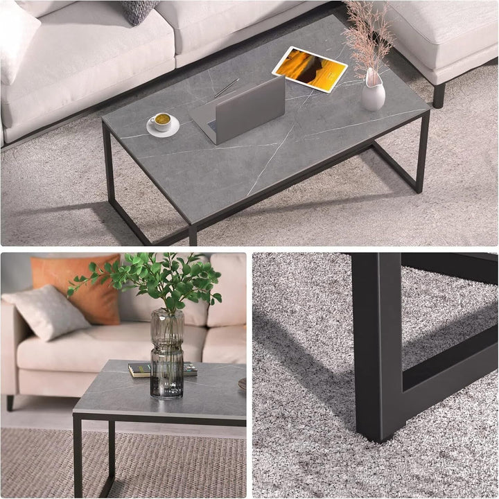 FATIVO Couchtisch Modern Grau Metallgestell: Marmor Quadratisch Skandinavisch Kaffeetisch Wohnzimmer