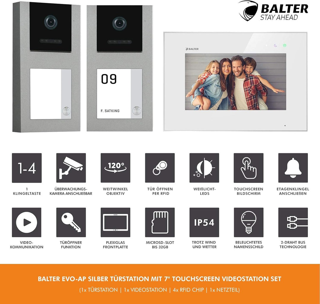 Balter EVO Grau Aufputz Video Türsprechanlage mit Kamera und Klingel, Gegensprechanlage Doorbell mit