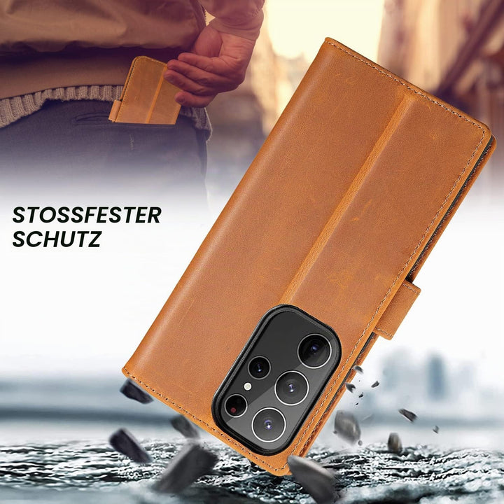 LENSUN Echtleder Hülle für Samsung Galaxy S23 Ultra, Handyhülle [Echtes Leder] [Magnetverschluss] [R
