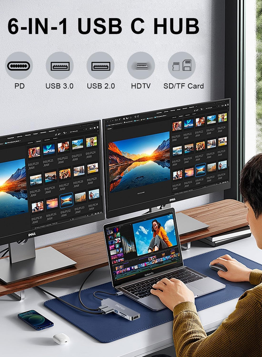 FITLONG USB C Hub, USB C Adapter kompatibel mit MacBook Pro / Air Adapter, 6 in 1 mit 4K HDMI Ausgan