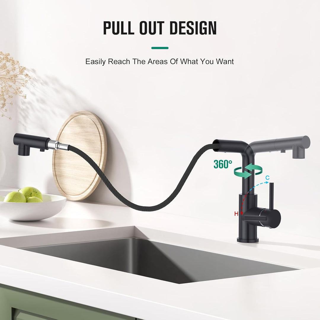 CREA Wasserhahn Küche mit 3 Funktionen Brause, Schwarz Küchenarmatur mit Ausziehbarem Brause, 360° D