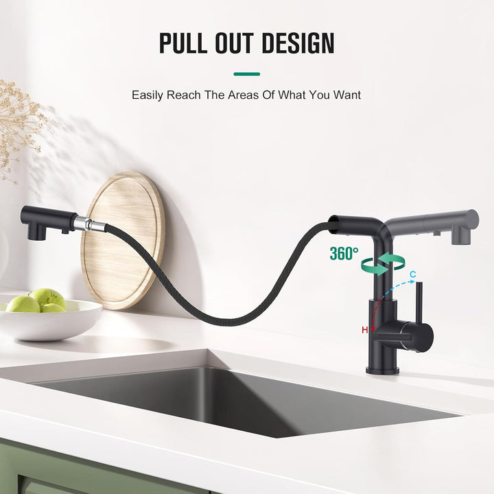 CREA Wasserhahn Küche mit 3 Funktionen Brause, Schwarz Küchenarmatur mit Ausziehbarem Brause, 360° D