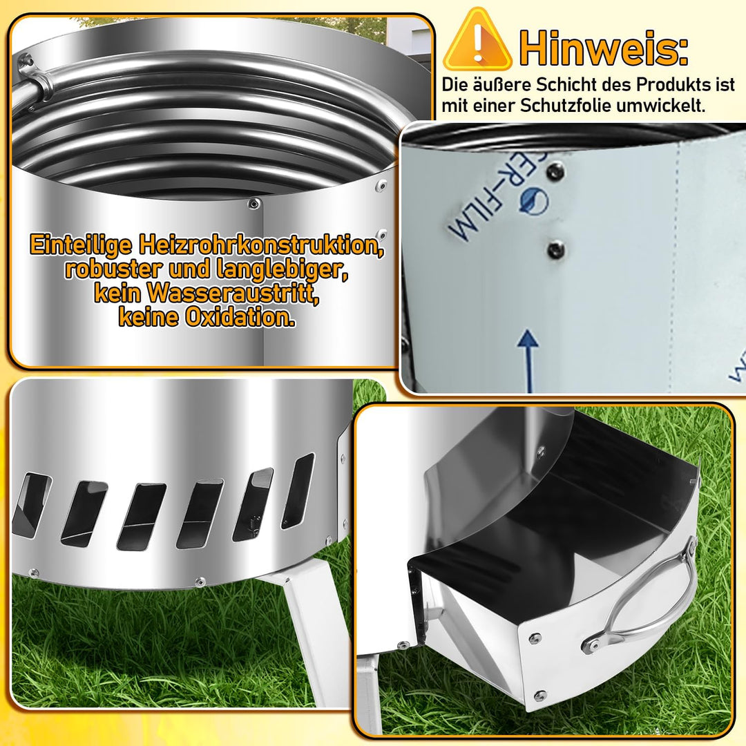 Sonnewelt 10L Poolheizung mit Feuer und Heizspirale, Edelstahl Schwimmbadheizung Ø 32/38 mm Anschlus