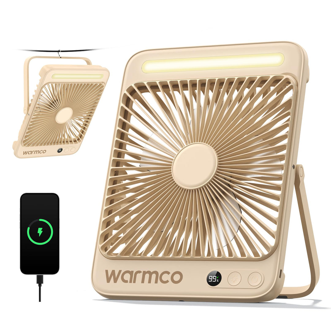 Warmco 20000mAh Akku Camping Ventilator 27cm mit Lampe, 15-48 Std. Laufzeit, Ultra-Leise, Ultraflach