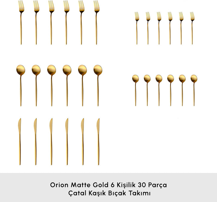 Karaca Orion Bestecksets - Edelstahl Besteck Set für 6 Personen, Gold Besteckset 30-teilig Messer Ga