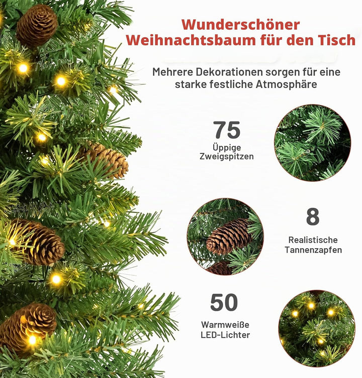 KOMFOTTEU künstlicher Weihnachtsbaum mini, Tisch Christbaum mit Tannenzapfen &amp; Zweigspitzen, Kleiner
