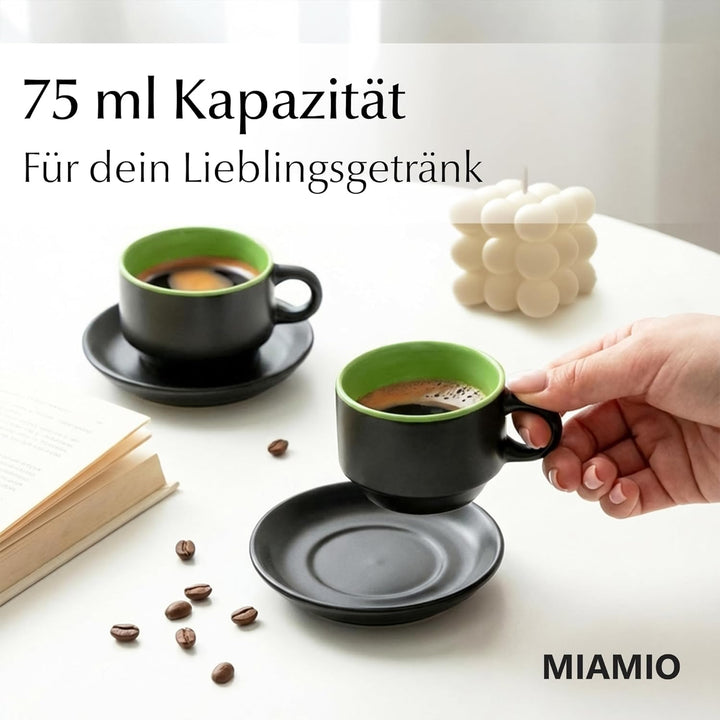 MIAMIO - 6 x 75 ml Espressotassen Set/Espresso Tassen Set mit Untertasse & Ständer - Kaffeetassen Se