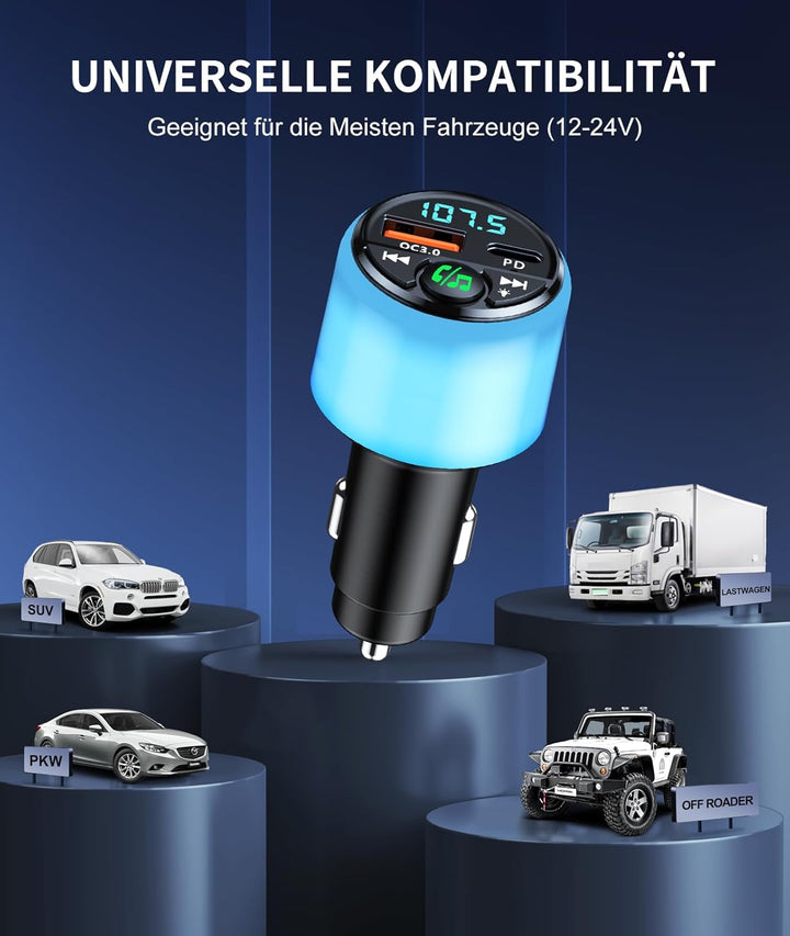 Mohard Bluetooth Adapter Auto, [PD 30W & QC3.0 18W] FM Transmitter Auto Bluetooth 5.3, [Rundum Strah