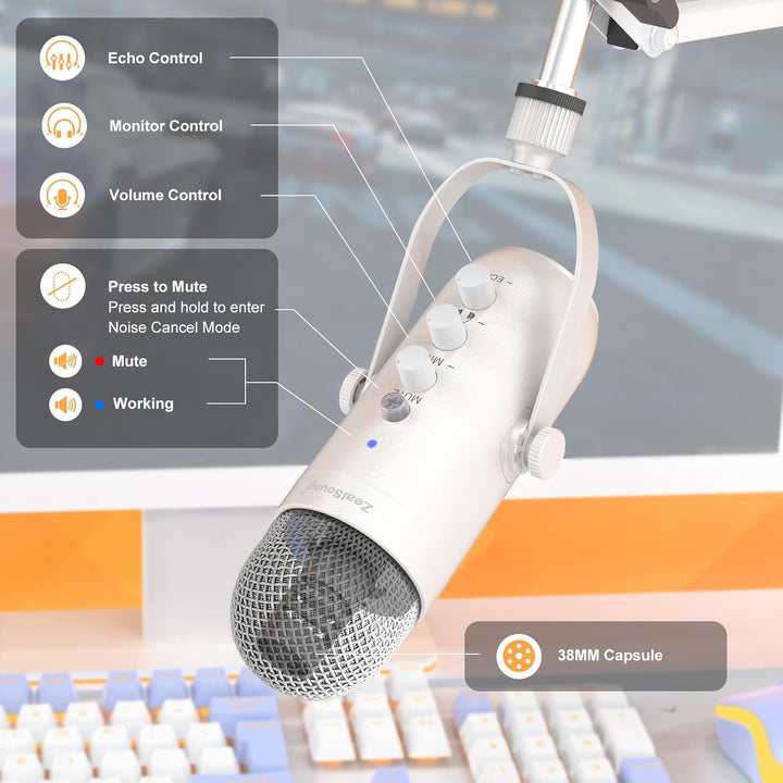 zealsound USB-Mikrofon-Set, k66 Perlweiss Gamging Mikrofon für PC/Mac/Handy/iPhone/PS5, mit Geräusch