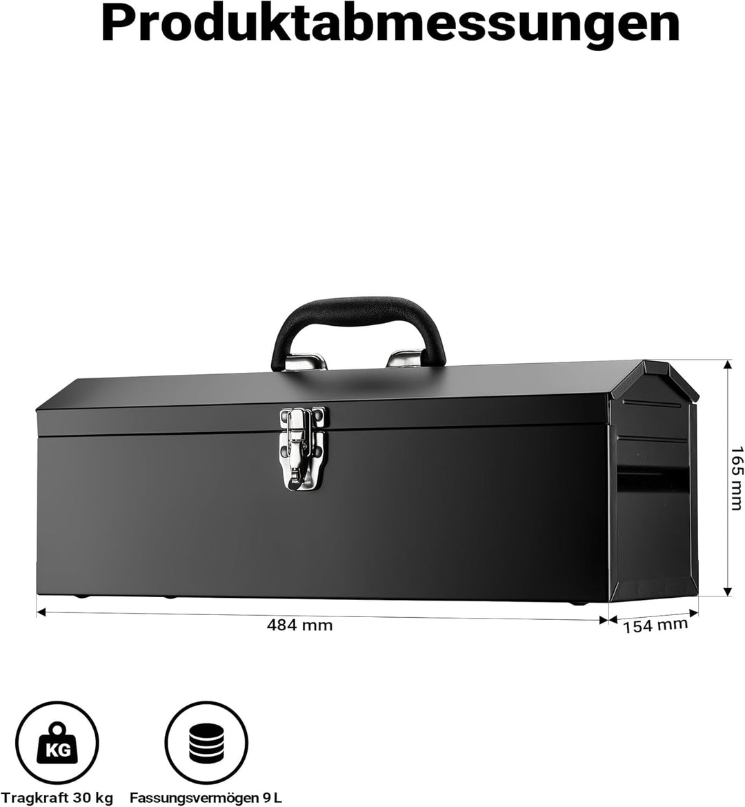 Wiltec Werkzeugkasten 484 x 154 x 165 mm aus Stahl, Werkzeugkoffer mit herausnehmbarer Ablage und Ha