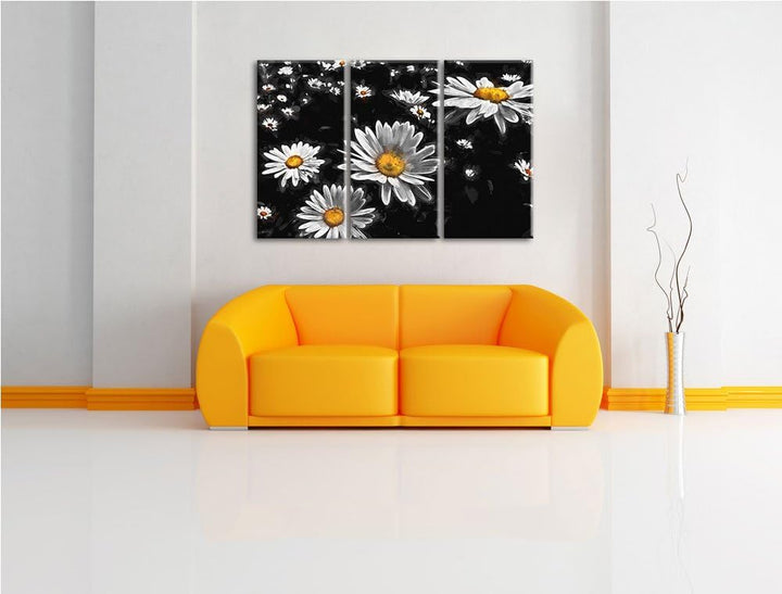 Dark viele kleine Margariten schwarz/weiss Deluxe 3-Teiler Leinwandbild 120x80 Bild auf Leinwand, XX