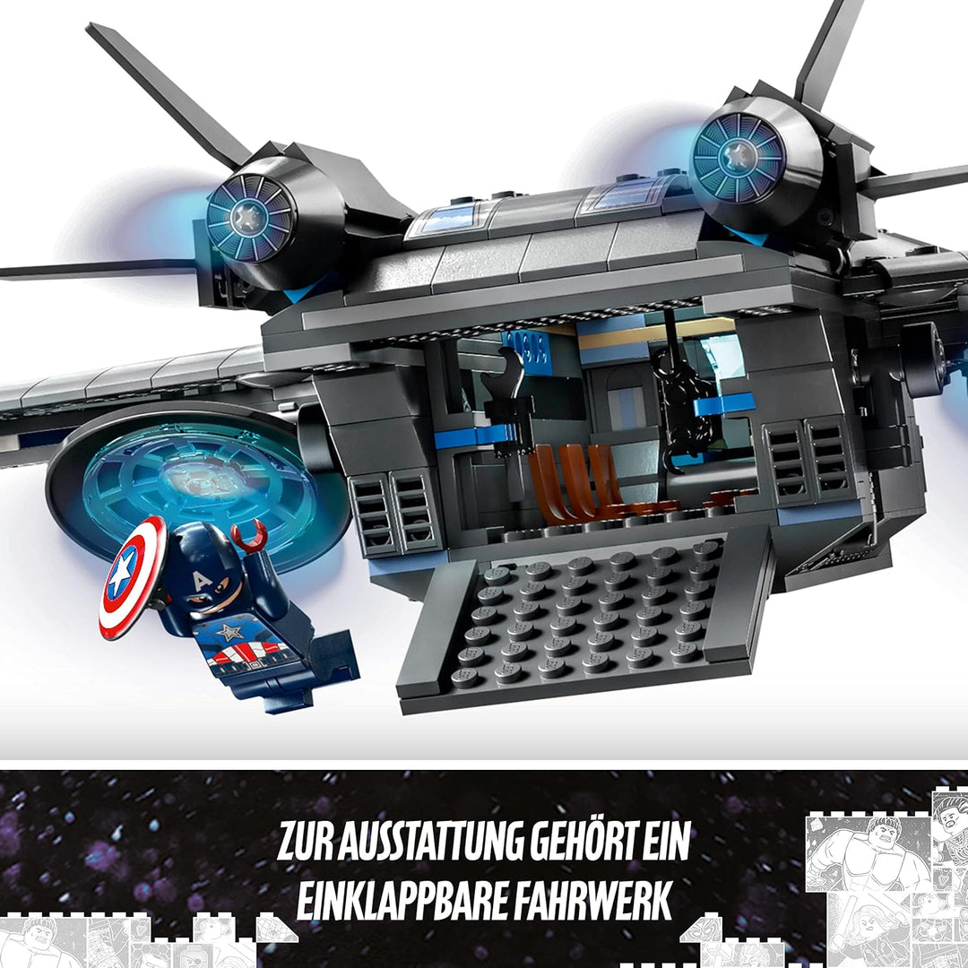 LEGO 76248 Marvel Der Quinjet der Avengers, Spielzeug Superhelden-Raumschiff mit Thor, Iron Man, Bla