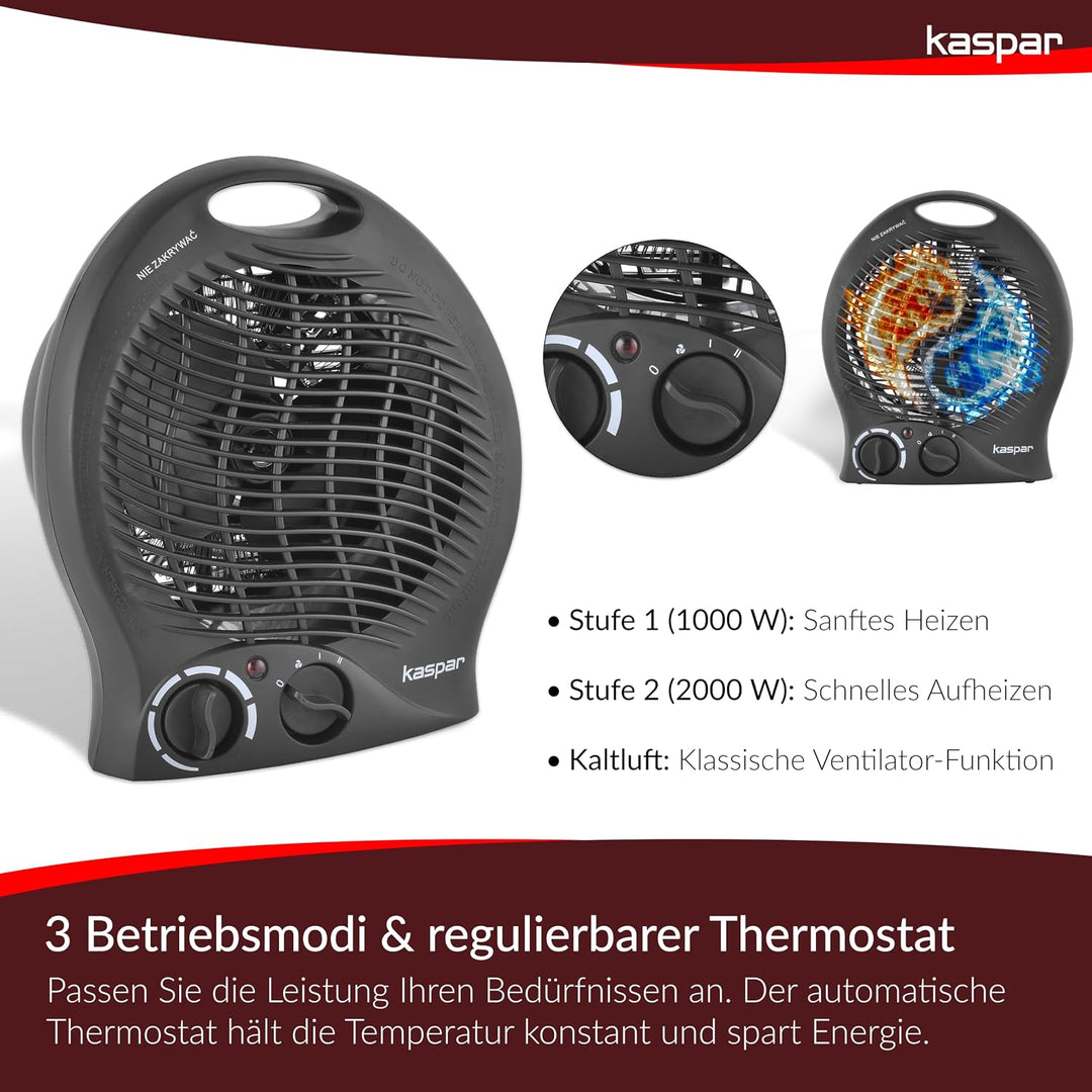 KASPAR Heizlüfter Klein Kompakt Thermoventilator Elektroheizer 1000 W 2000 W Mit Ventilatorfunktion