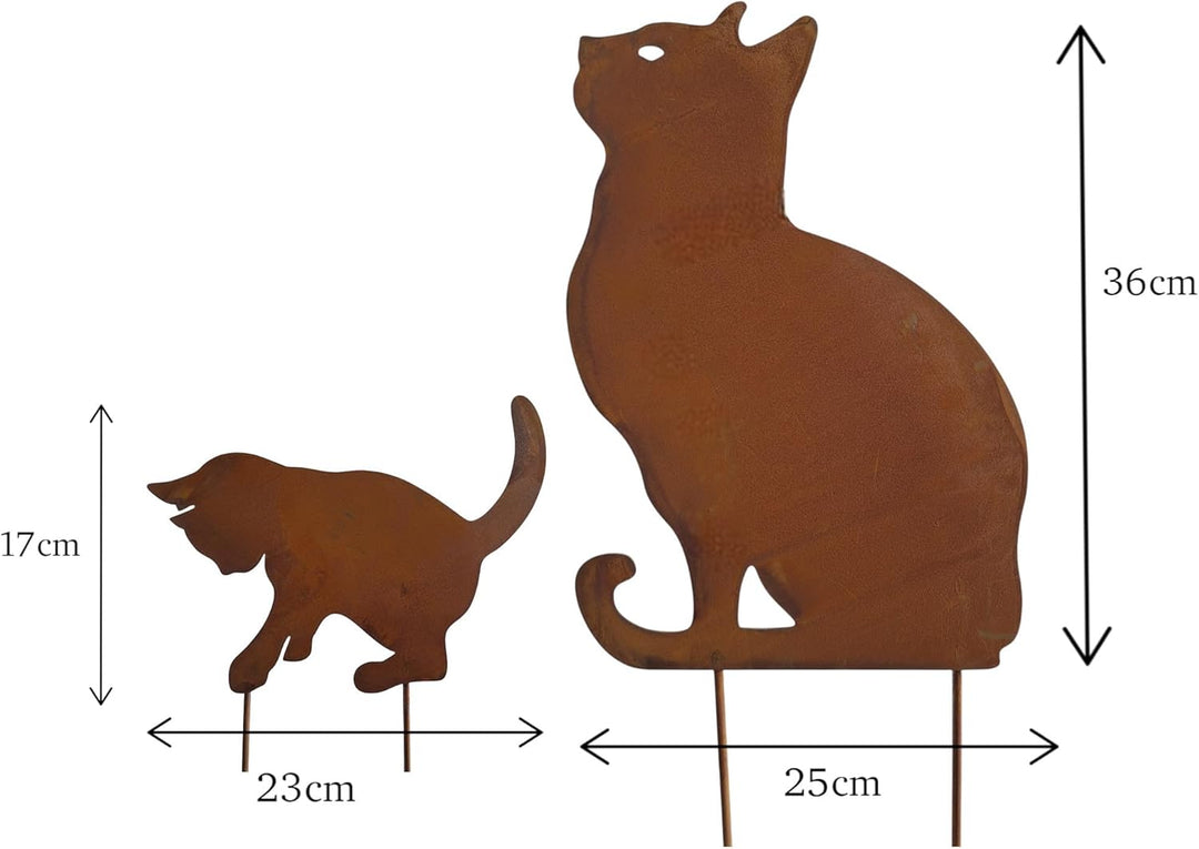 Bornhöft Gartendeko Gartenstecker Katze mit Kitte Katzenbaby Edelrost Rost-Optik Metallfigur, Garten