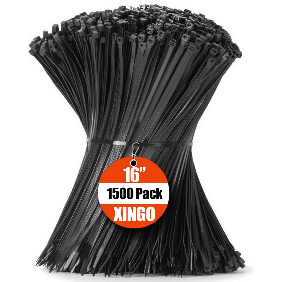 XINGO 1500 Stück Kabelbinder Schwarz, 400mm x 5.8mm, 34 kg Zugfestigkeit, UV-beständig, Selbstsicher