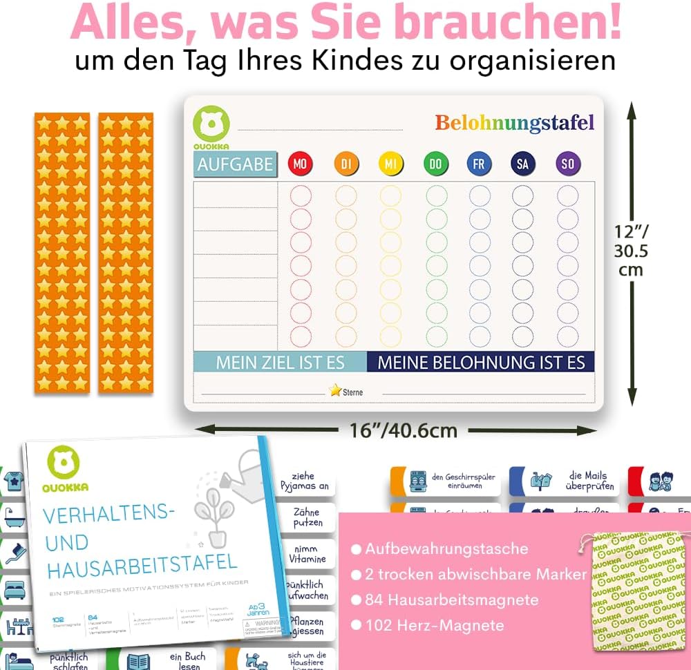 QUOKKA Magnetische Belohnungstafel für Kinder - 40,6x30,5 cm Verhaltenstafel mit 84 Magneten und 102