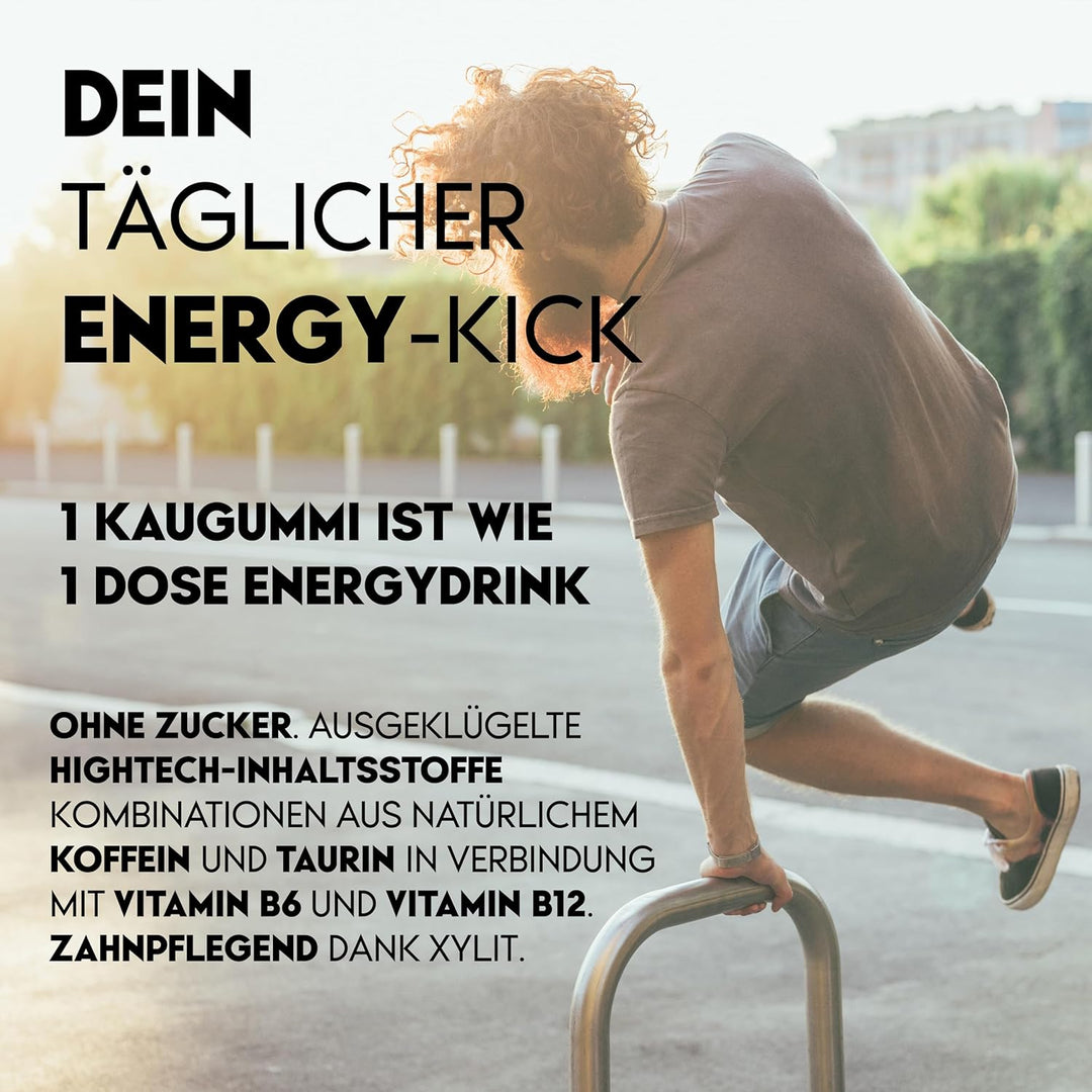 PWRGRUM Energy-Kaugummi Energy-Geschmack 4er Pack I Bis zu 4-Stunden Energie Boost I Zuckerfrei & Za