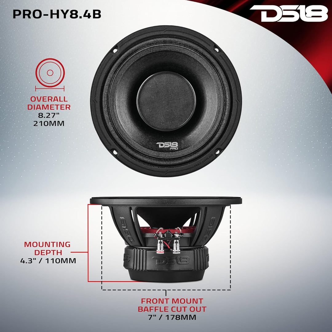 DS18 PRO-HY8.4B Hybrid-Auto-Lautsprecher mit 20,3 cm (8 Zoll) Hybrid-Mitteltöner, eingebauter VC-Kom