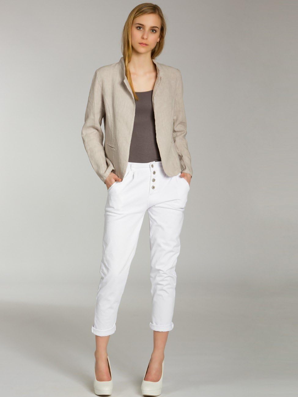 Caspar BZR004 kurzer Damen Leinen Sommer Blazer XS Beige, XS Beige