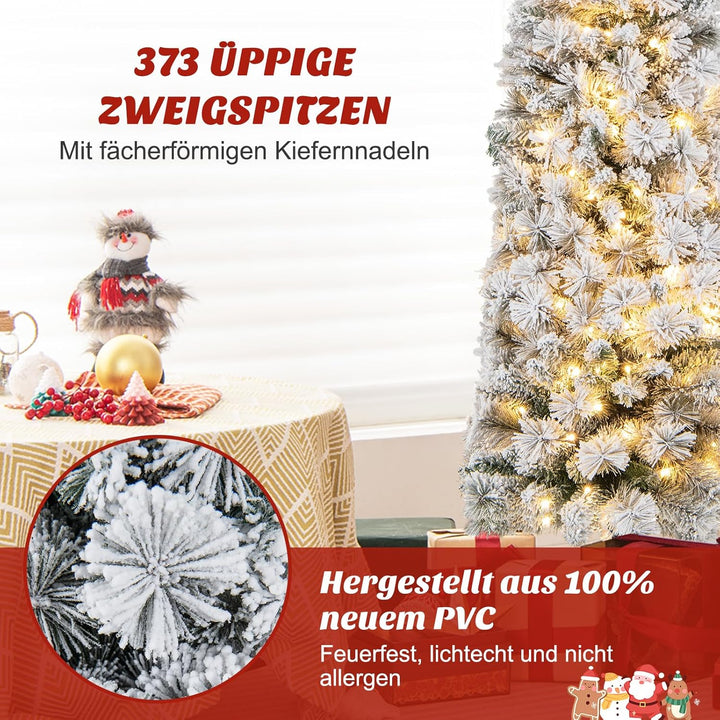 COSTWAY 180 cm Bleistift Weihnachtsbaum mit Schnee, Tannenbaum künstlich mit Beleuchtung, 150 LEDs i