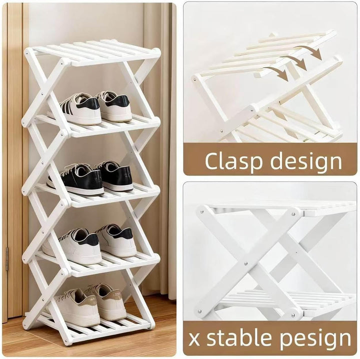 Kleines Schuhregal, weiss, 4 Etagen, Bambus, faltbar, Schuh-Organizer, freistehendes Regal für Einga