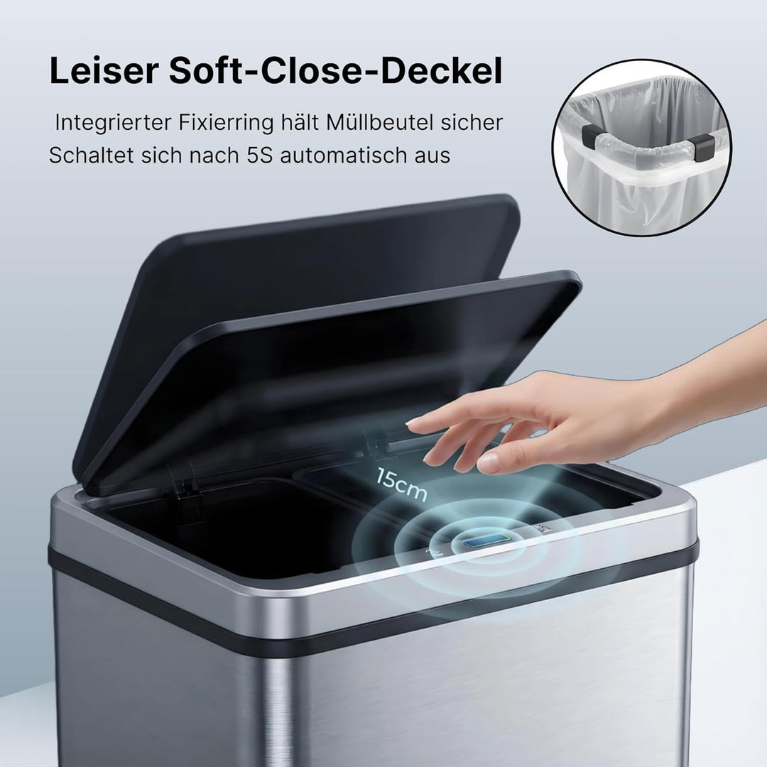 Sensor Mülleimer 50L – Automatischer Abfalleimer Küche mit Deckel, Edelstahl, geruchsarm, leise, für