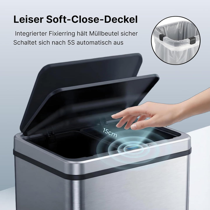 Sensor Mülleimer 50L – Automatischer Abfalleimer Küche mit Deckel, Edelstahl, geruchsarm, leise, für