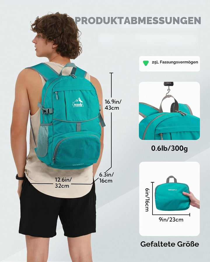 WATERFLY Faltbarer Rucksack Ultraleicht Wanderrucksack: 25L Leichter Tagesrucksack Sportlich Packabl