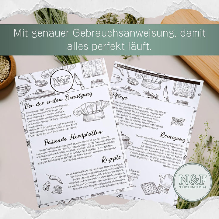 Njörd & Freya Schmortopf, Gusseisentopf, Bräter mit Deckel, Bratentopf aus Gusseisen, emaillierte Be
