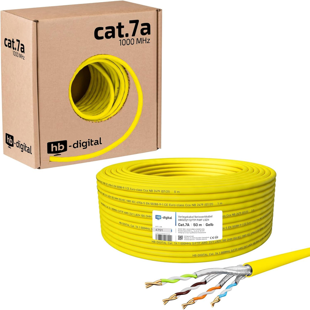 HB-DIGITAL 50m CAT.7a Netzwerkkabel LAN Kabel Verlegekabel AWG 23 Reines Kupfer S/FTP PiMF LSZH Halo